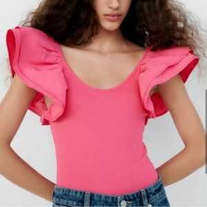Zara women's Barbie pink ruffle ribbed bodycon bodysuit